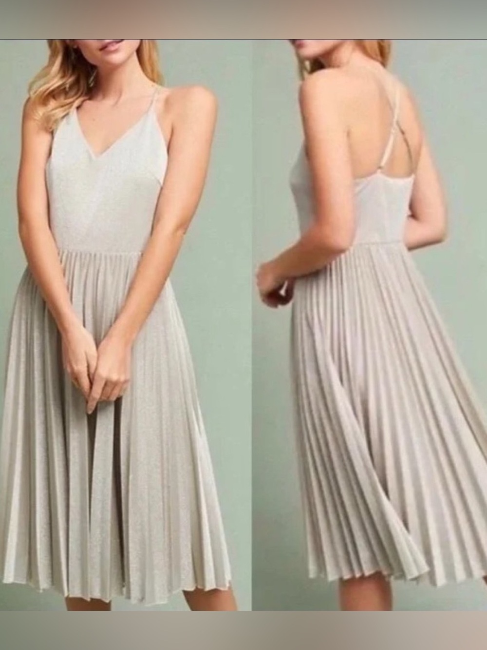 Anthropologie Elevenses Lunar Shimmering Champagne Metallic Pleated Midi Dress 6